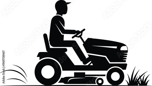 Silhouette of a Person Riding a Lawn Mower with Grass, Vector Illustration of Yard Work