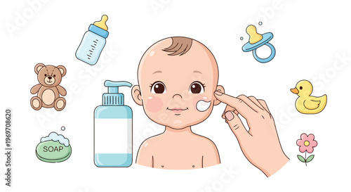 Baby skincare routine with natural products and essential hygiene items