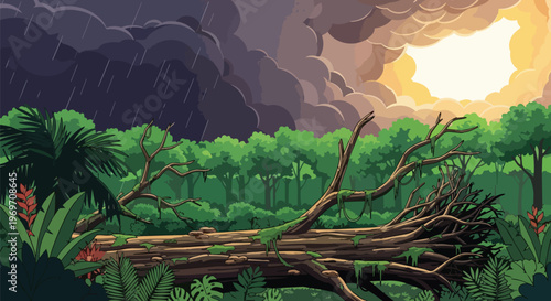 Pixel Art Jungle Landscape with Fallen Tree Under Stormy Sky