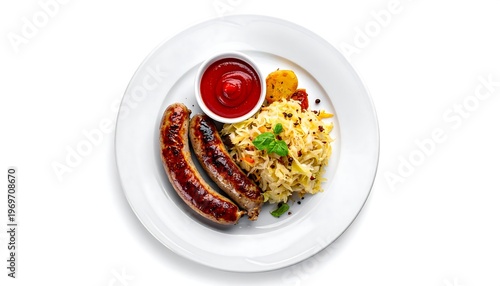 A white plate with grilled sausages, rice, and ketchup