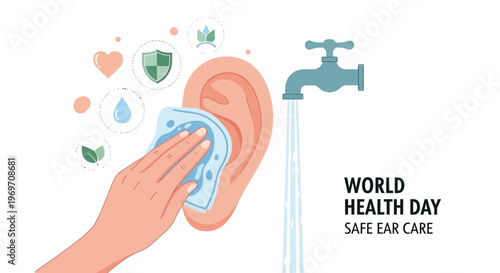 Safe ear cleaning and hygiene practices for World Health Day concept