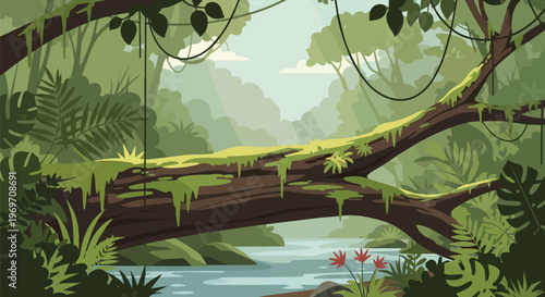 Lush Tropical Rainforest Landscape with Fallen Log Over River