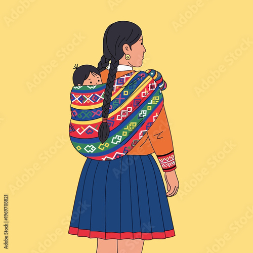 Indigenous mother carrying baby on back with colorful woven fabric, traditional Andean clothing