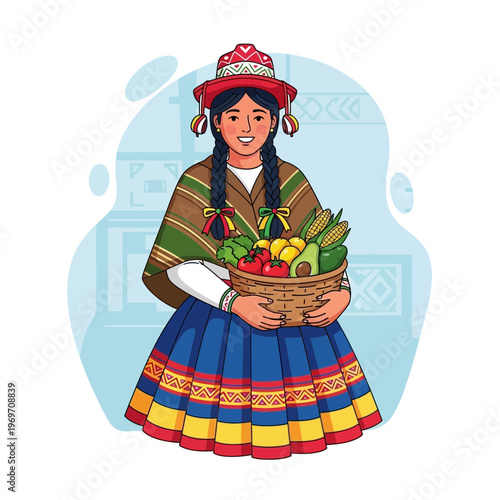 Indigenous woman in traditional clothing holding a basket of fresh vegetables and fruits.