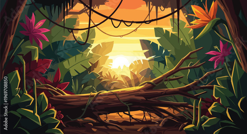 Tropical Jungle Landscape with Fallen Tree at Sunset