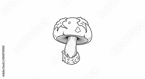 Detailed black and white illustration of a single wild mushroom