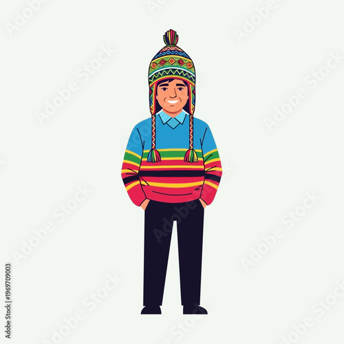 Man in traditional Andean clothing, colorful sweater and hat with earflaps