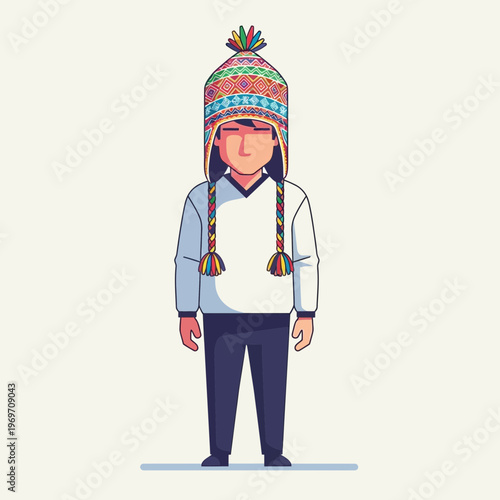 Man wearing a colorful traditional Andean hat with ear flaps and pom-poms