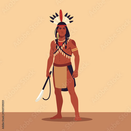 Native American Warrior with Feather Headdress and Tomahawk