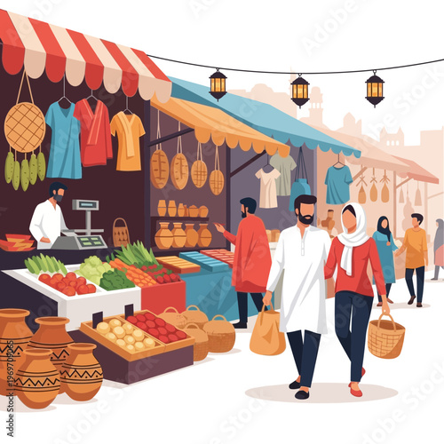 Middle Eastern Market Scene with People Shopping and Stalls Full of Goods