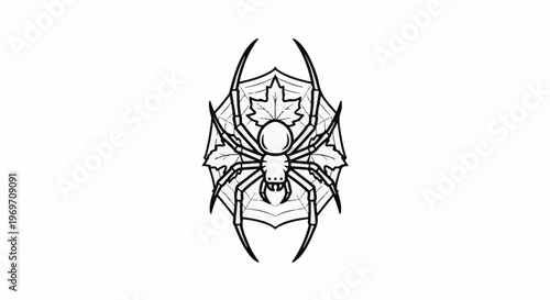 Detailed black and white illustration of a spider on a web with leaves