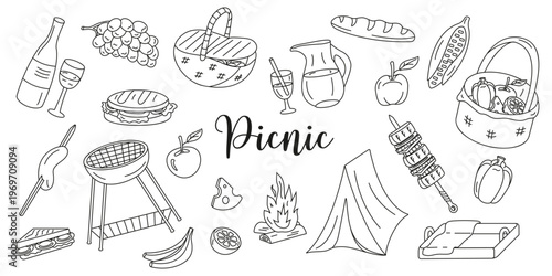 Large vector set for picnics and outdoor recreation. Items and food for camping and weekends in doodle style.
