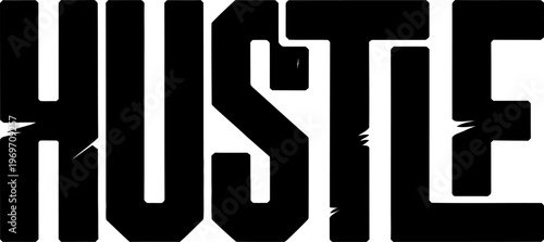 Bold black block letters spelling the word hustle with distressed scratch marks on white background