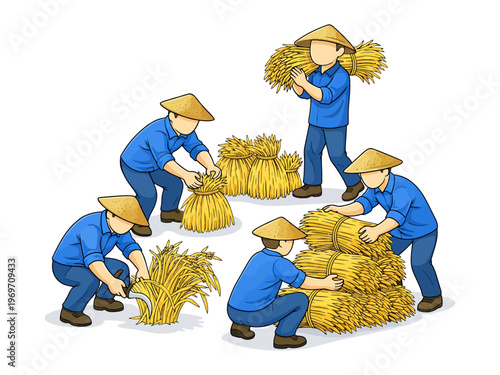 Harvesting Harmony: A team of agricultural workers in traditional attire collaborate to gather the golden bounty of a successful harvest. A celebration of unity, skill and agrarian tradition