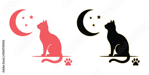 Minimalist cat silhouette logo set, feline sitting under crescent moon and stars, black and pink pet paw print icons, elegant animal vector art