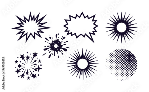 Retro comic book speech bubbles and explosion bursts, set of 7 black ink pop art vector elements, vintage halftone dots and starburst shapes