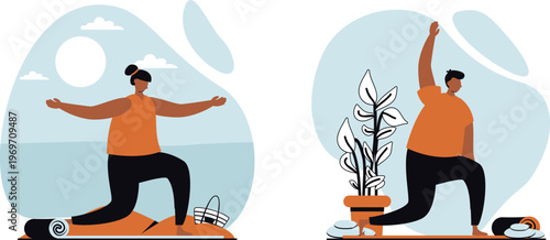 Two individuals practicing yoga poses in a balanced and grounded manner.