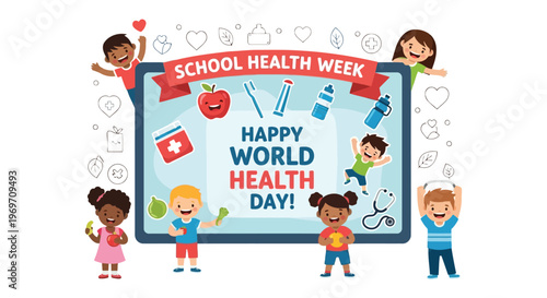 School health week banner with happy diverse children and wellness icons