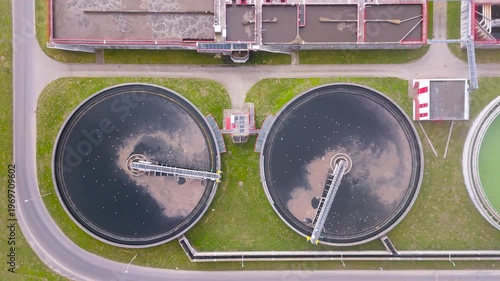 Top View of Twin Circular Clarifier Tanks in Wastewater Treatment Facility