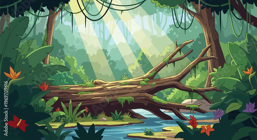 Pixel Art Jungle Landscape with Fallen Tree over River