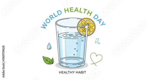 Glass of water with lemon slice and leaf representing healthy habit