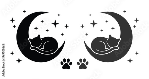 Celestial cat silhouette vector, sleeping kitten on crescent moon with stars, mystical feline pet illustration, black cat moon art