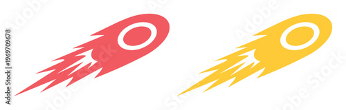 Minimalist comet vector icons, red and yellow falling meteor silhouettes, flat style space asteroid with fire trail, cosmic speed symbols