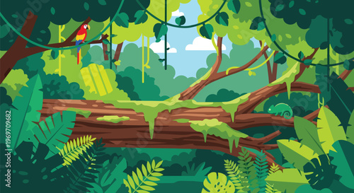 Tropical Jungle Rainforest Background with Parrot and Chameleon