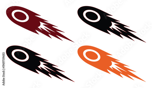 Stylized comet mascot logo set, flying meteor with fire trail icons, dynamic falling asteroid vector graphics in black, red, and orange