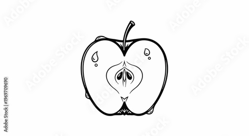 Detailed black and white line art of an apple half, showing seeds and stem