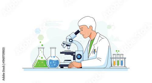 Male scientist conducting research with microscope in laboratory setting