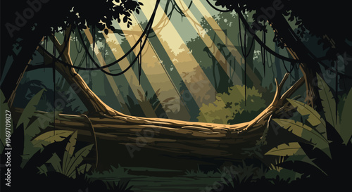 Pixel Art Jungle Landscape with Fallen Tree Trunk and Sunbeams