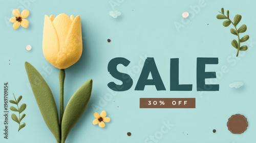 A spring banner with yellow tulip on a sky-blue background and the inscription 30% off