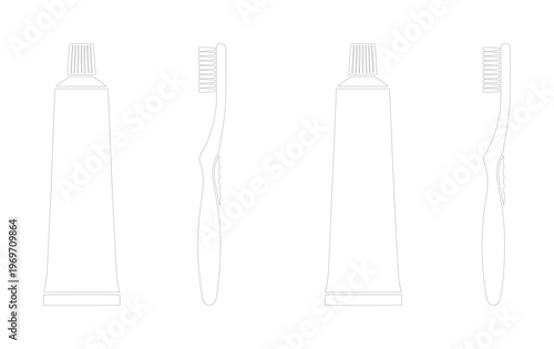 Minimalist toothbrush and toothpaste tube line art, dental hygiene product icons, white outline vector set for oral care branding and packaging