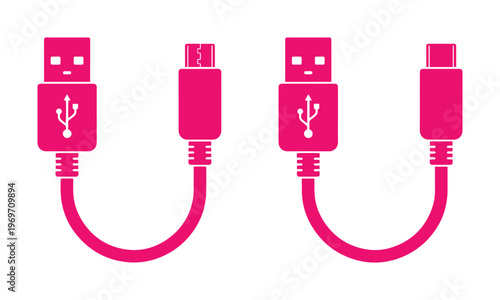 Pink USB cable icons with micro USB and type C connectors, charging wire vector set, mobile phone data transfer cables on white background