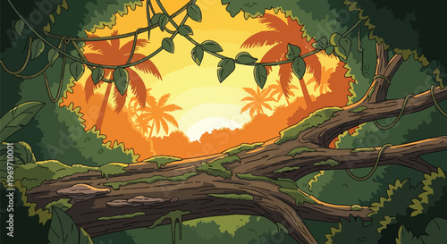 Pixel Art Jungle Landscape with Fallen Tree and Tropical Sunset Background