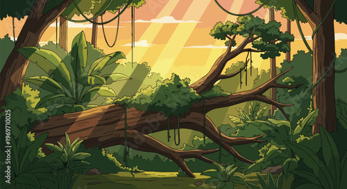 Pixel Art Jungle Landscape with Fallen Tree Trunk at Sunset