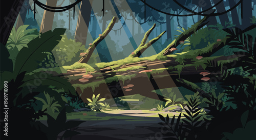 Digital Illustration of a Fallen Tree Log in a Lush Sunlit Tropical Rainforest