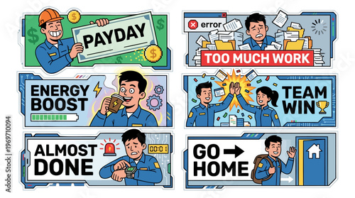 Office Mood Sticker Set for Workplace Humor and Employee Daily Life Cycle with Payday Too Much Work Energy Boost Team Win Almost Done and Go Home Concept for Professional Corporate Productivity