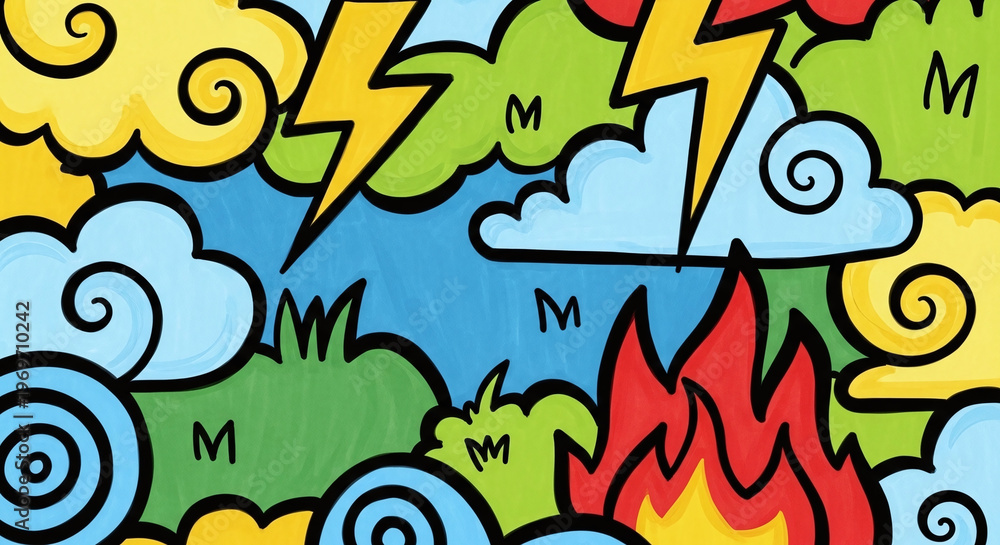 Naklejka premium Vibrant cartoon illustration of weather icons including lightning, clouds, and flames in a colorful scene.