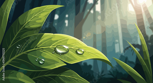 Green Leaf with Morning Dew Drops in a Sunlit Forest Background