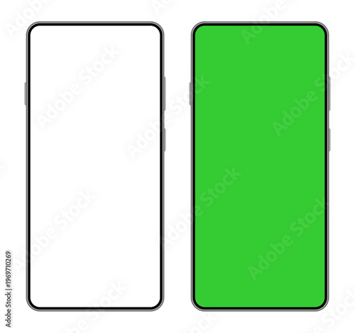 Modern smartphone mockup with blank screen and green screen display isolated on light background, mobile app presentation template