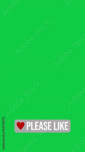 Vertical video animation of an animated heart button with the message please like on a green background - suitable for video blog - seamless loop. 