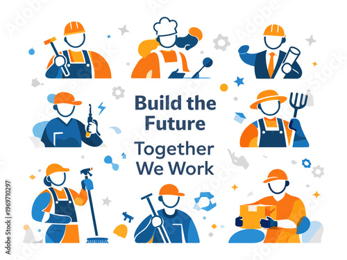 Building the Future Together: A vibrant illustration showcasing a collaborative workforce, each figure representing a different profession, united in their pursuit of progress and partnership.