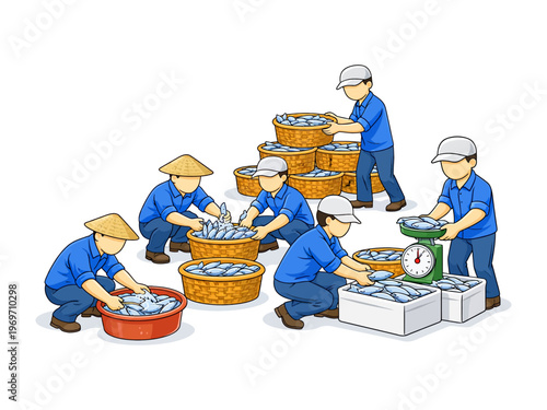 Fishing Industry: hard-working workers meticulously sorting and weighing a bountiful catch, a glimpse into the fishing industry.