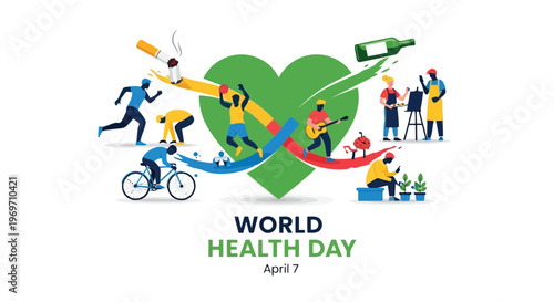 Diverse people engaging in healthy lifestyle activities around green heart