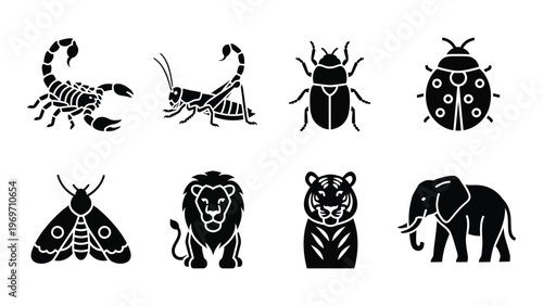 A collection of various animal icons including insects mammals and arachnids presented in a stark black silhouette high quality professional detailed