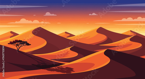 Desert Landscape with Sand Dunes and Acacia Tree at Sunset