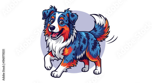 An energetic Australian Shepherd dog with a blue merle coat, white chest, and tan markings, captured in a playful, mid-stride pose against a simple purple circular background.
