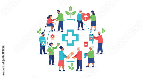 People supporting each other with medical care in circular arrangement